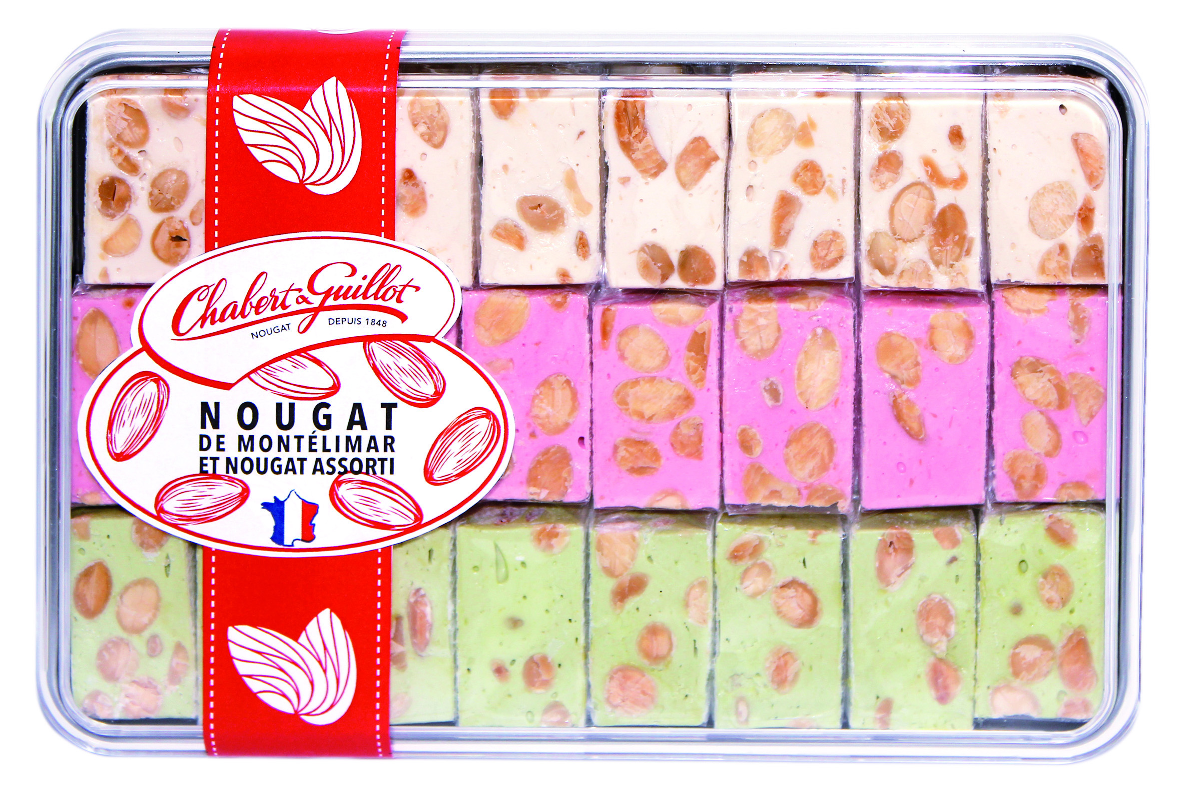 Assortiment nougats de mont limar igp tendres pistache et framboise