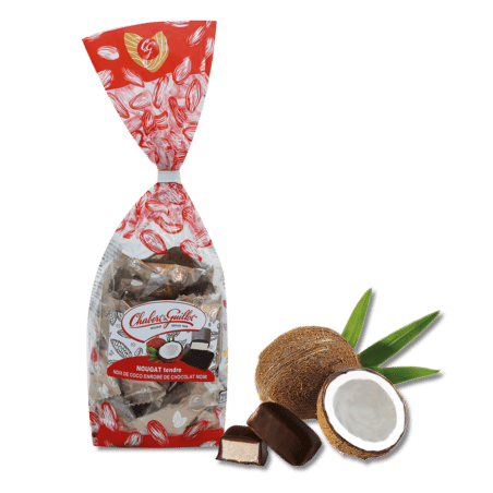 Nougat tendre à la noix de coco enrobé de chocolat noir – Sachet 250g