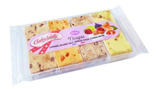 Nougat caramel au beurre salé, abricot, figue et citron-fraise – Barquette 90g