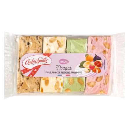Nougat tendre abricot, figue, framboise, pistache – Barquette 90g